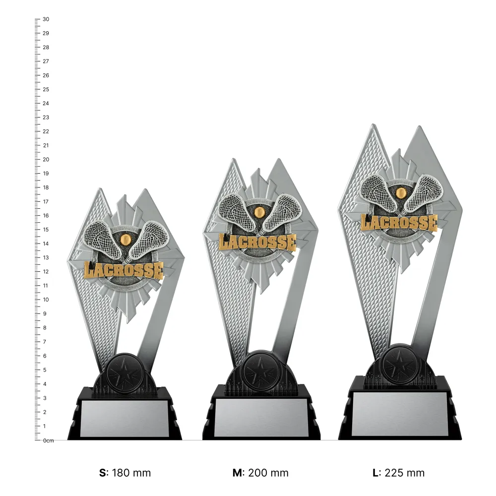 Lacrosse Shadowcrest trophies next to ruler