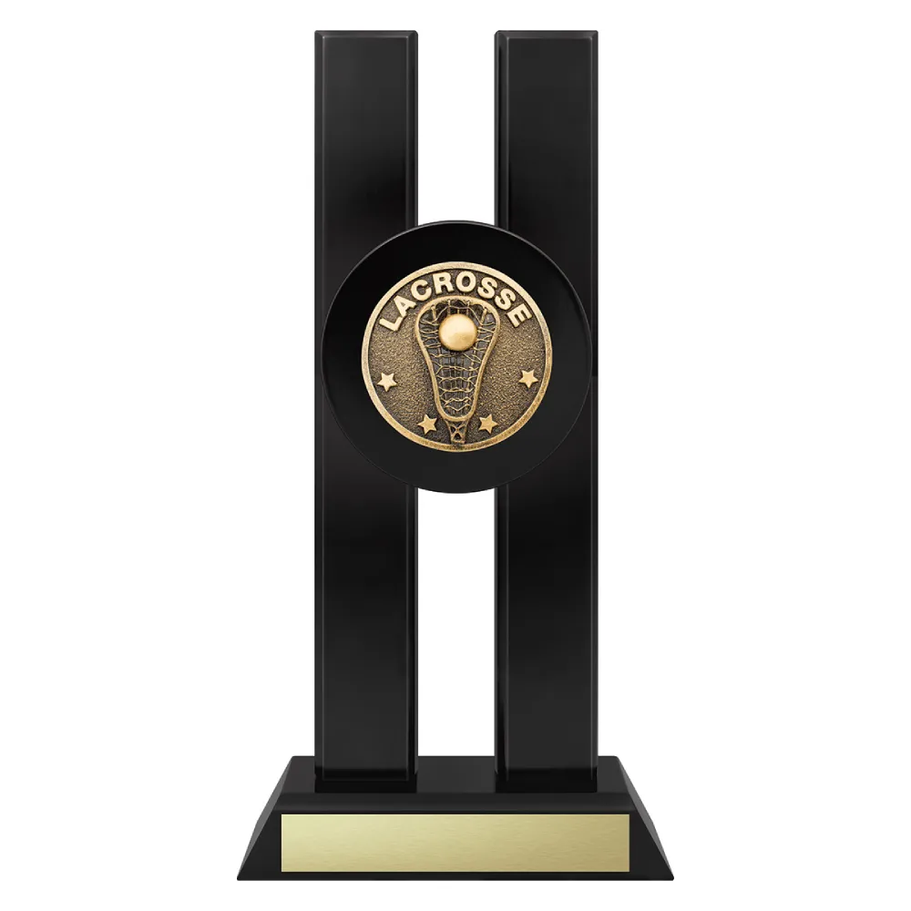 Lacrosse trophy with ball and stick emblem on a black base.