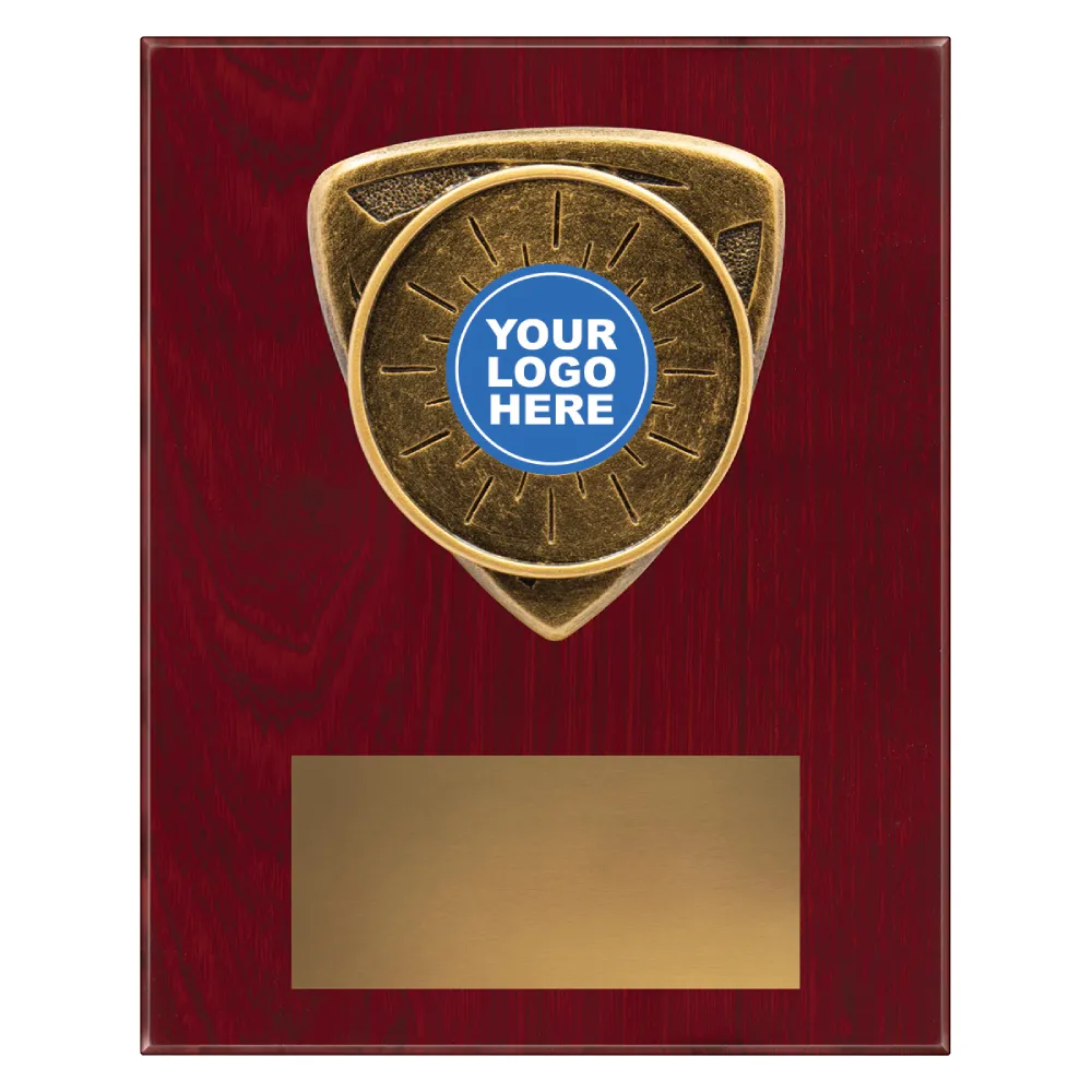 award plaque with insert and emblem on a wooden plaque.
