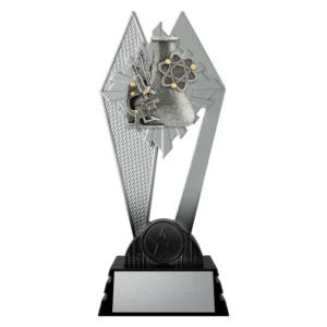 black and silver trophy with flask and items