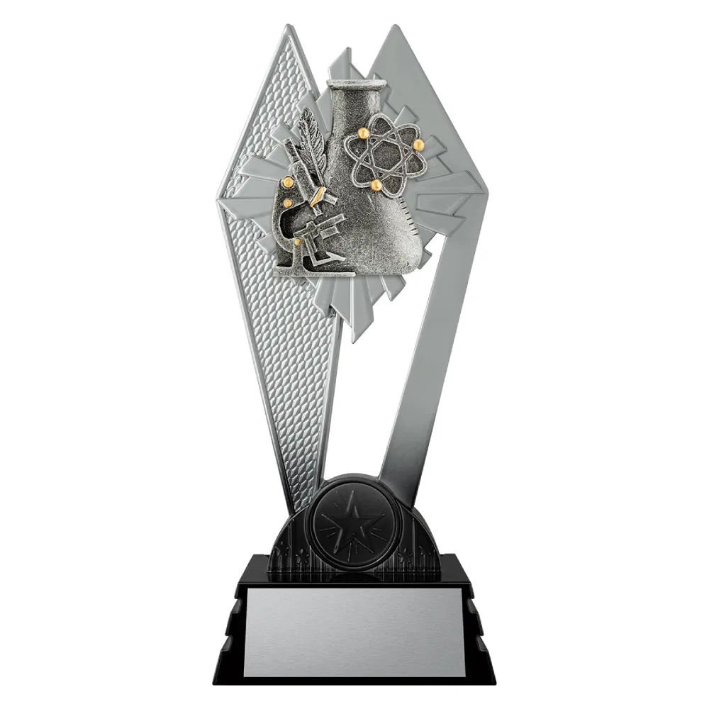 black and silver trophy with flask and items