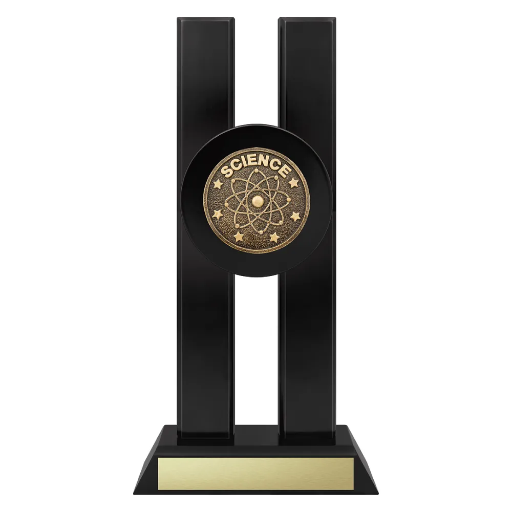 science trophy with atoms emblem on a black base.
